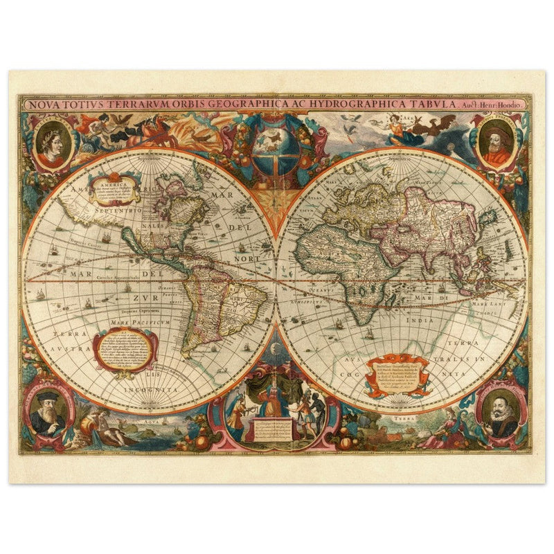 1638 Double hemisphere old world map by Hendrik Hondius.