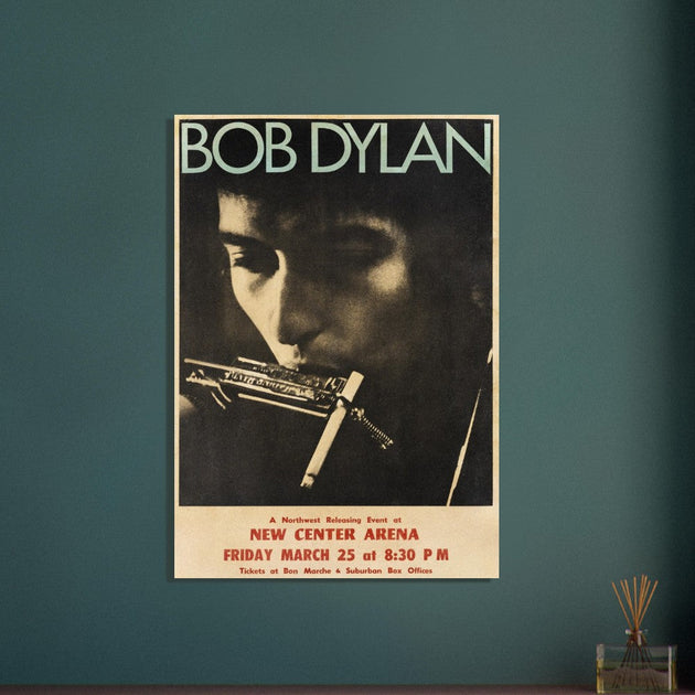 Bob Dylan poster reproduction.  of the poster that announced Bob Dylan playing at the New Center Arena.