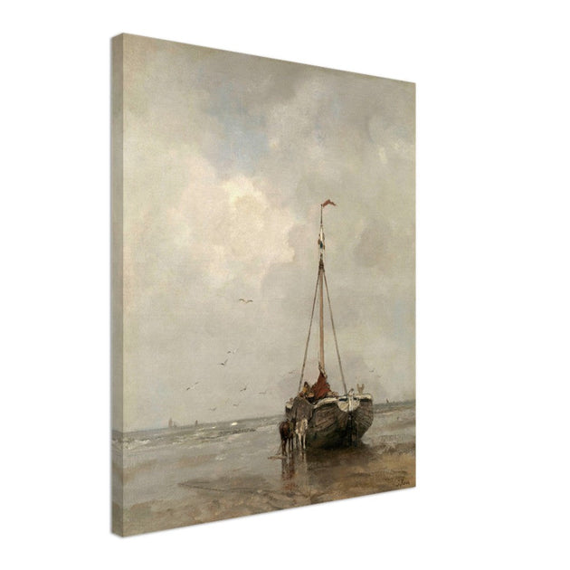 Jacob Maris old marine painting Bluff-bowed Fishing Boat on the Beach at Scheveningen.