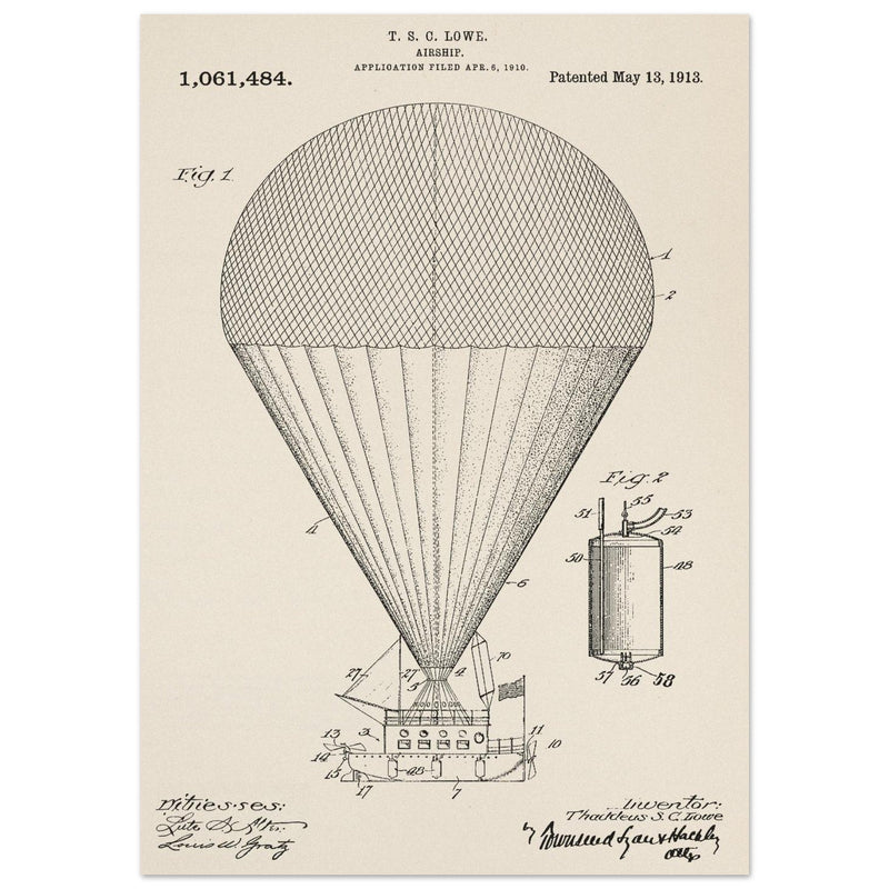 Airship patent drawing by T S C lowe Air balloon illustration