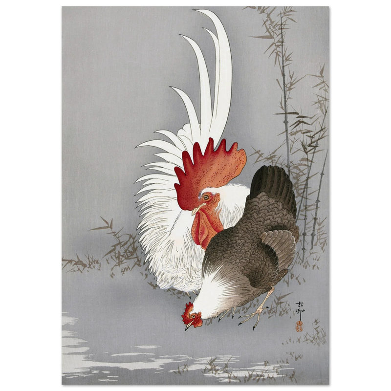 Rooster and chicken by Ohara Koson
