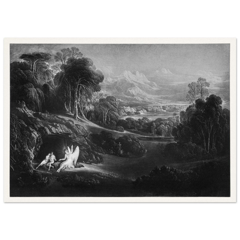 John Martin Paradise Lost vintage mezzoting engraving . Raphael Conversing with Adam and Eve .