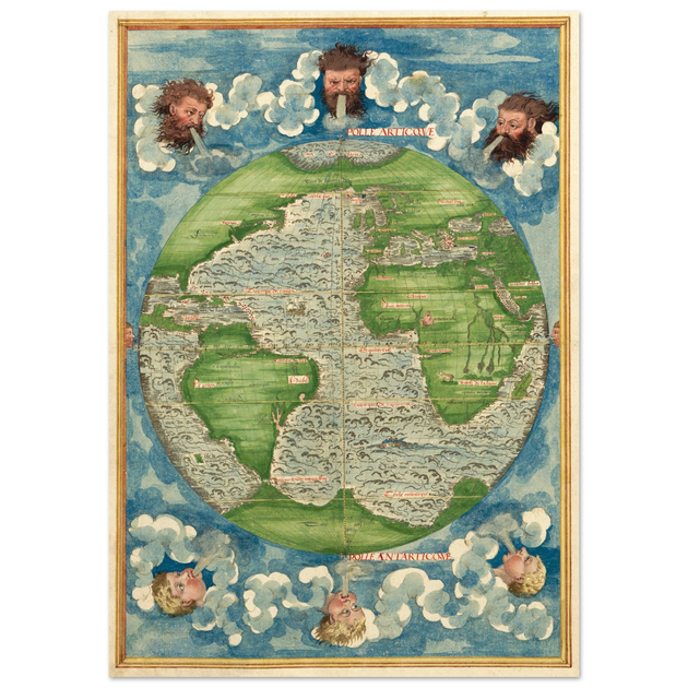 Ancient world map poster reproduction by Guillaume Le Testu 1555
