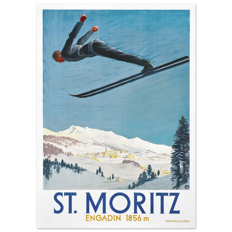 St Moritz vintage travel poster.  Skiing destination
