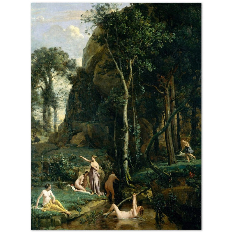 Diana and Actaeon ( Diana Surprised in Her Bath ) by Camille Corot 1836. Antique painting art print. Greek mythology .