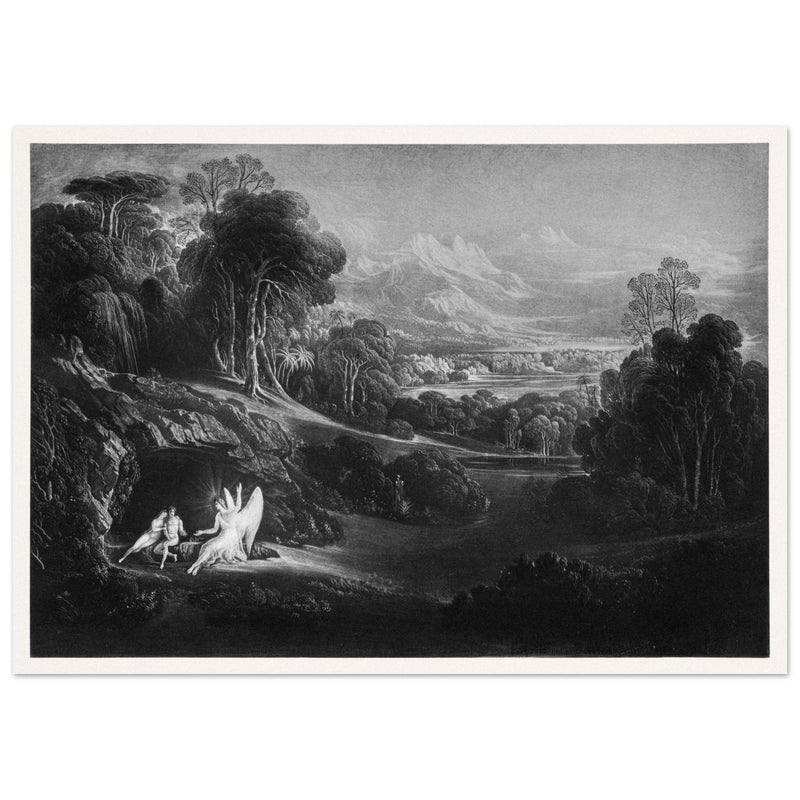 John Martin Paradise Lost vintage mezzoting engraving . Raphael Conversing with Adam and Eve .