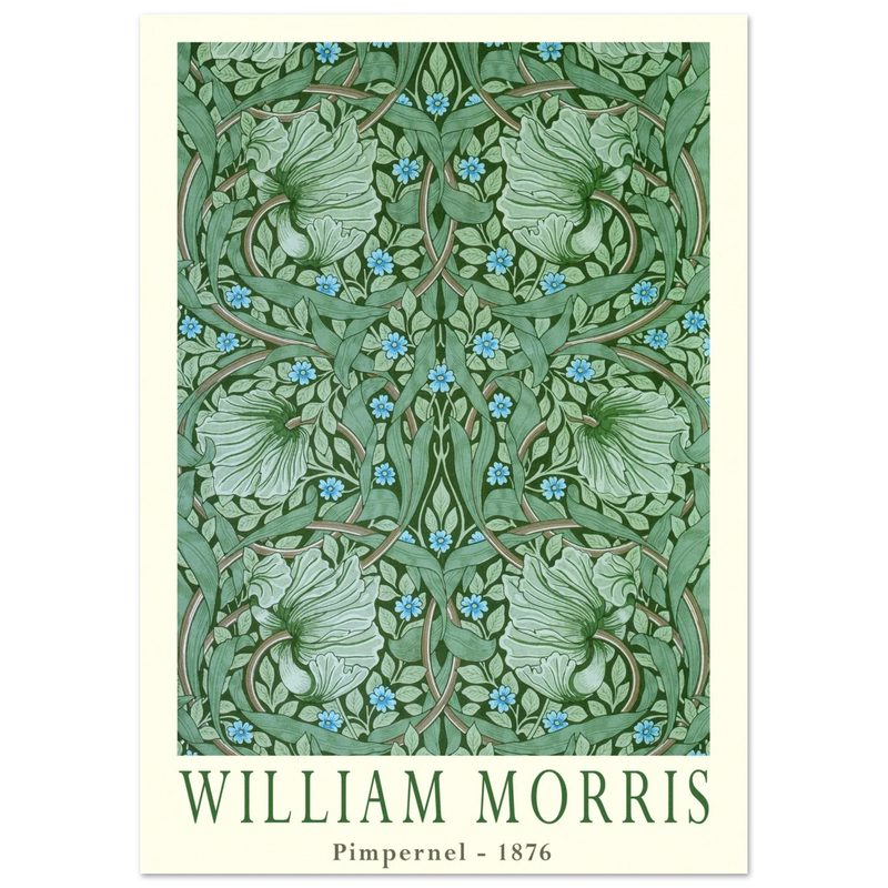 William Morris Pimpernel 1876. Green leaves and flowers wintage wallpaper art print.