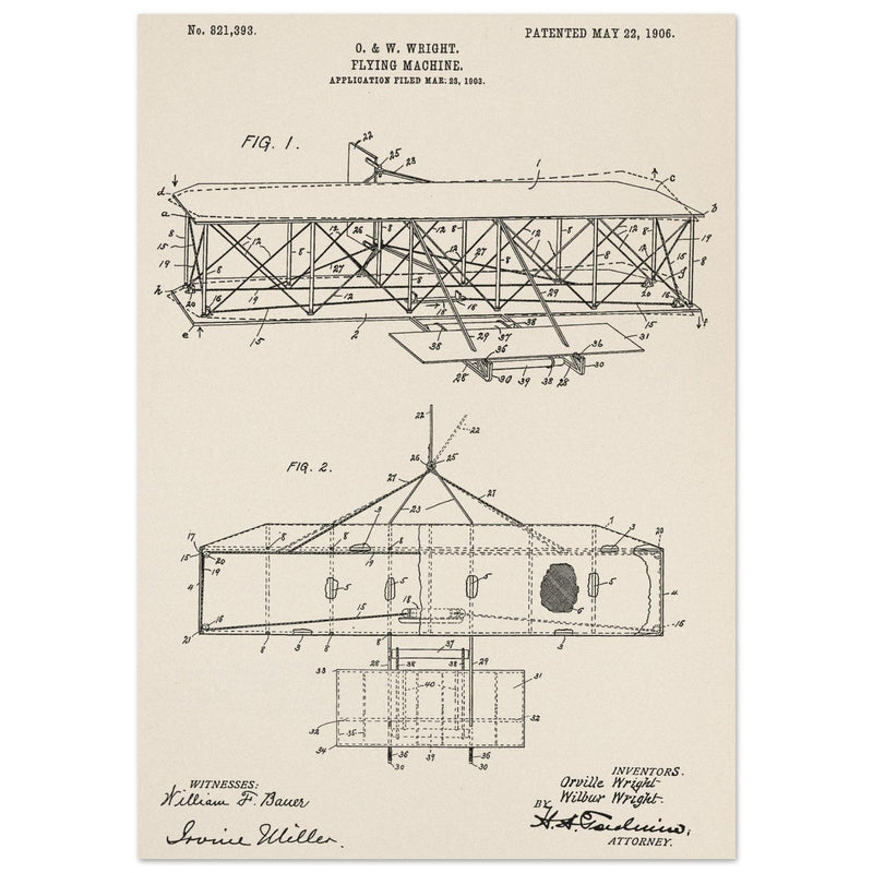 Flying machine patent 1906 by the Wright brothers. Vintage airplane.