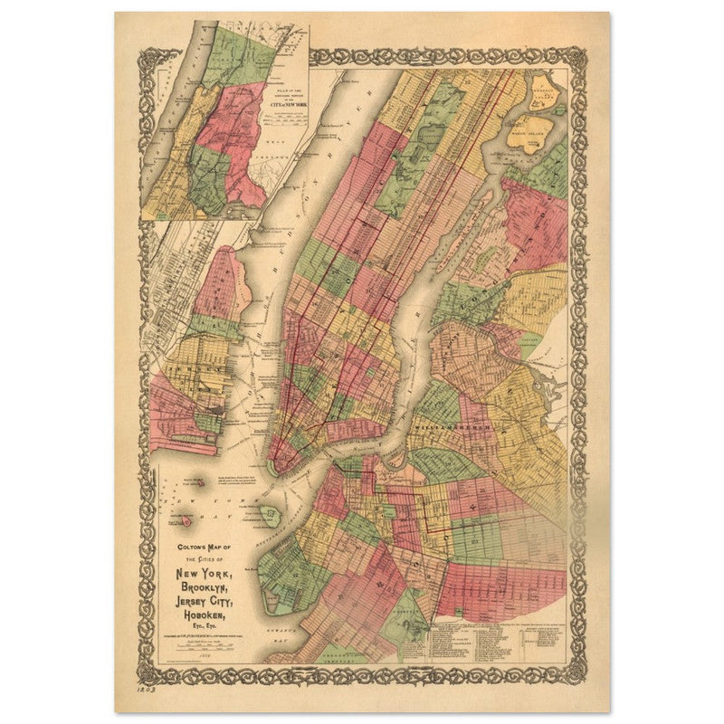 1886 New York City vintage map by G. W & C.B Colton. Antique maps