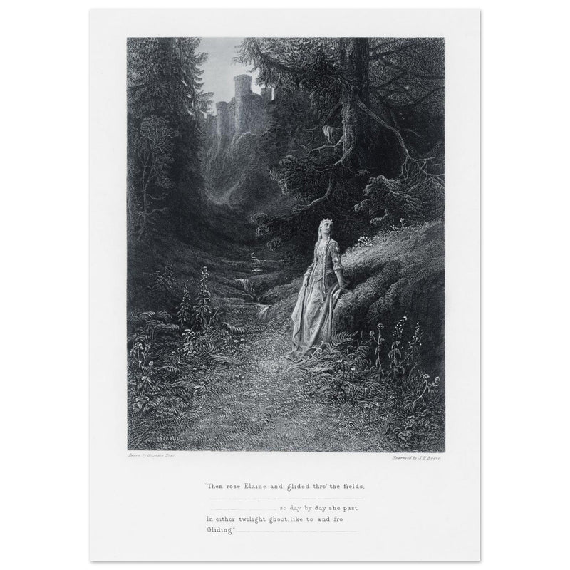 Gustave Dore illustration of King Arthur legend .Elaine on her Road to the Cave of Lancelot. book Idylls of the King by Alfred Tennyson