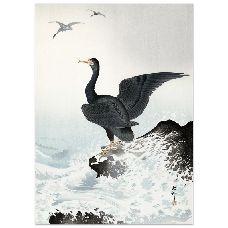 Ohara Koson Red-faced cormorant on rock, woodblock print  art