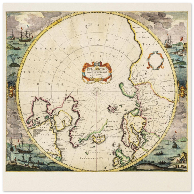 Ancient sea chart of the North Pole illustrated map by Jodocus Hondius XVII Century.