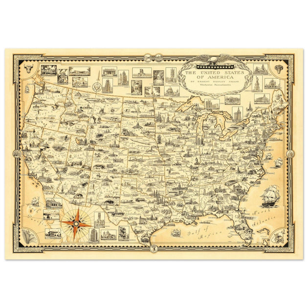 United States of America vintage map by Ernest Dudley Chase celebrating landmarks and national symbols of identity.
