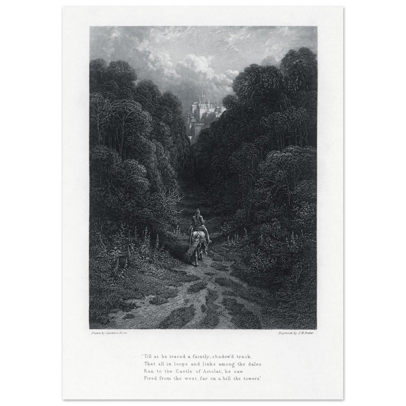 Gustave Dore illustration of King Arthur legend .Lancelot approaching the Castle of Astolat, Idylls of the King by Alfred Tennyson.