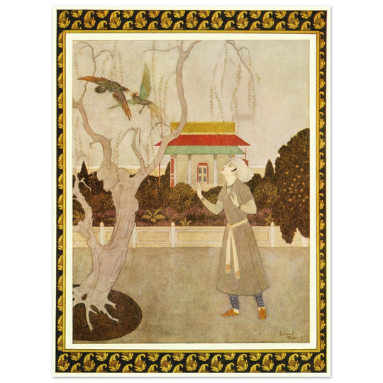 Edmund Dulac and one of his illustration for Princess Badoura fairy tale. Prince Camaralzaman and the Birds.
