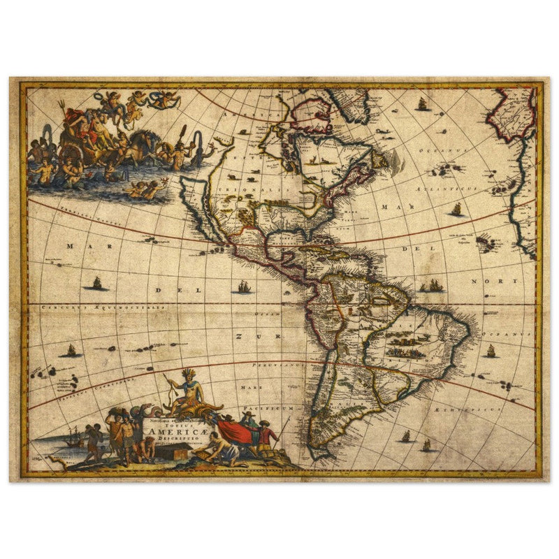 Ancient old illustrated map of America by Jacobum Meursium XVII Century