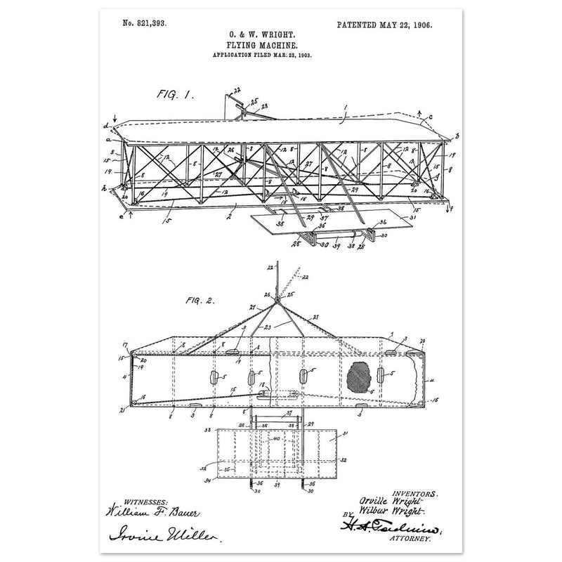 Flying machine patent 1906 by the Wright brothers. Vintage airplane.