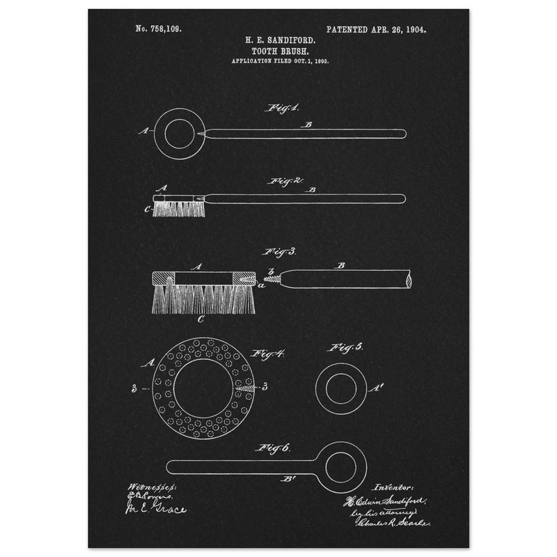 Toothbrush patent illustration by H E Sandiford.