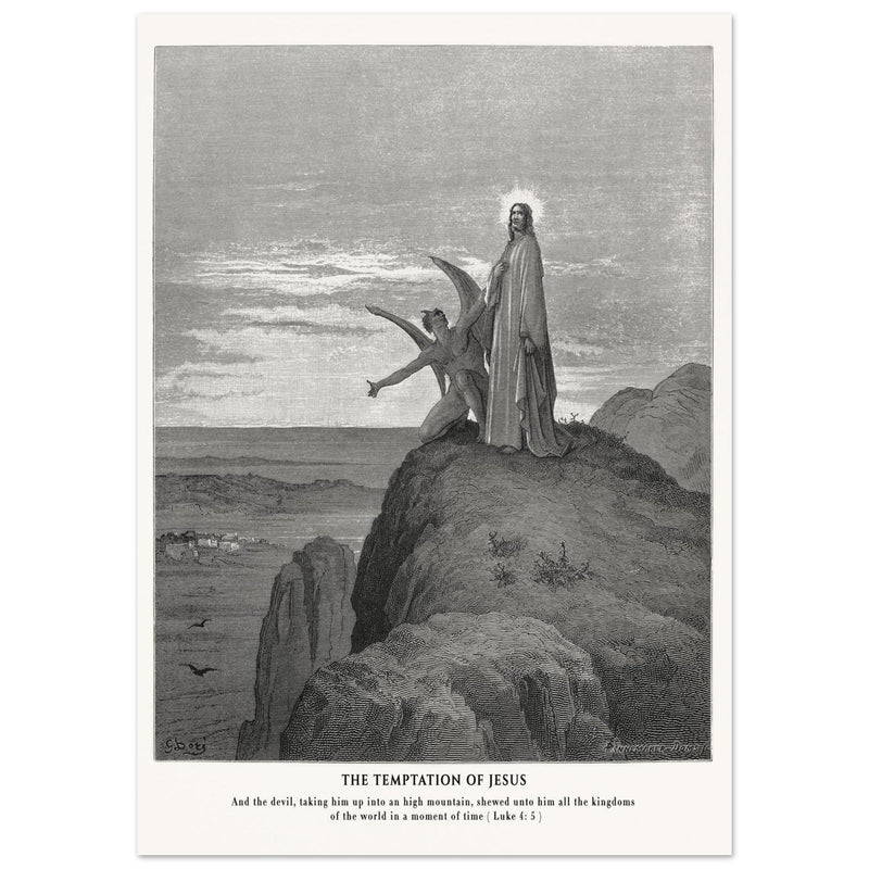 Gustave Dore The Bible engraving print . The temptation of Jesus illustration .