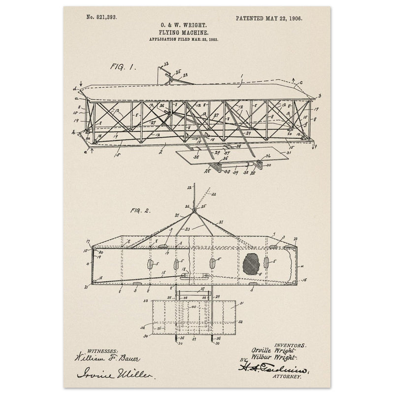 Flying machine patent 1906 by the Wright brothers. Vintage airplane.
