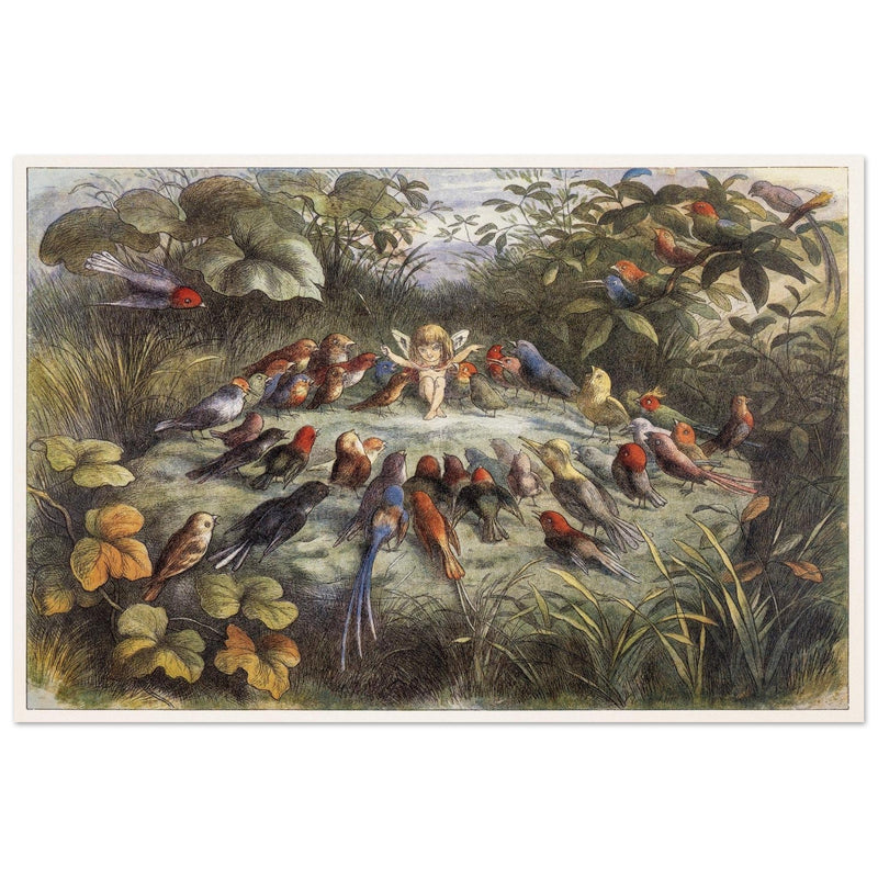 Richard Doyle illustration for Fairyland book. Elf teaching the young birds to sing