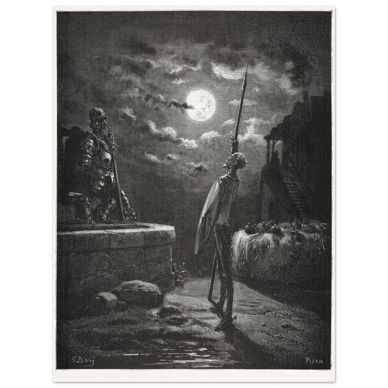 Don Quixote by Gustave Dore. The knight raising his sword against the moon at night.