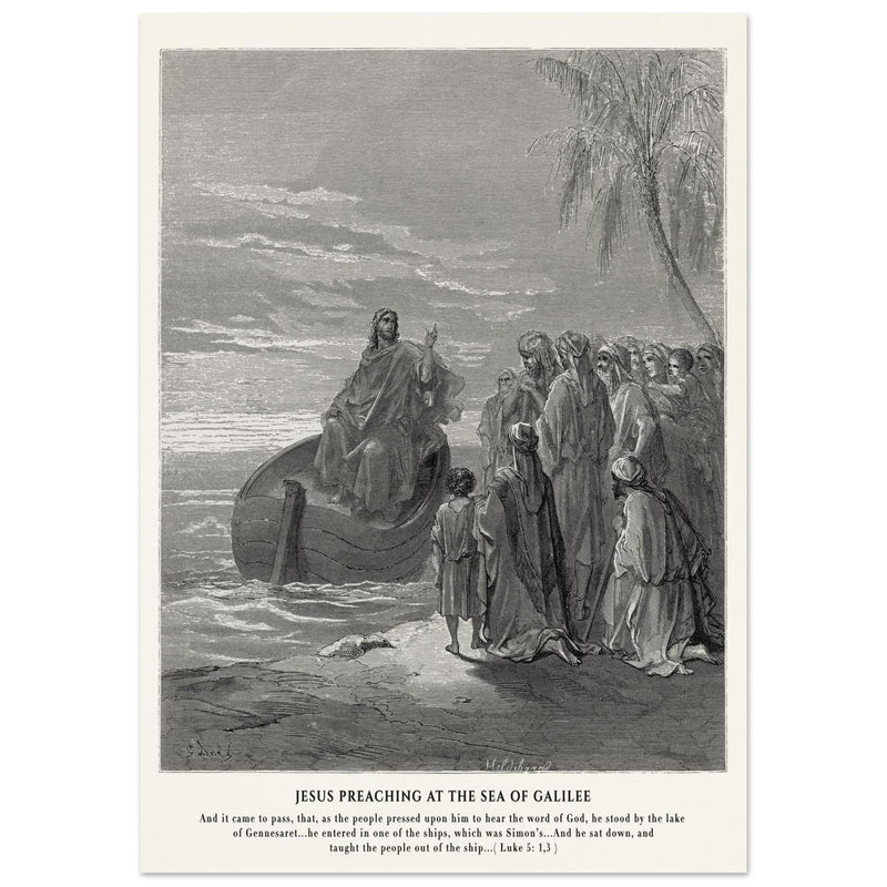Gustave Dore The Bible engraving print . Jesus preaching at the sea of Galilee .