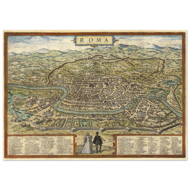 Ancient map of Rome with engravings by Georg Braun and Frans Hogenberg.