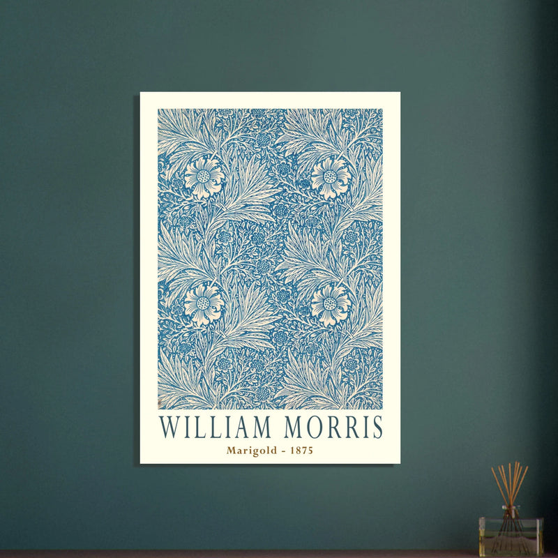William Morris Marigold art print. Vintage wallpaper reproduction. Blue floral pattern.