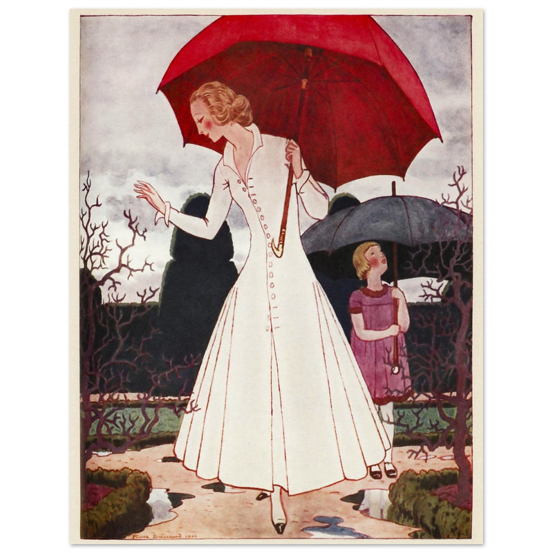 Pierre Brissaud vintage illustration for a fashion magazine cover. Mother with her daughter on a rainy day.