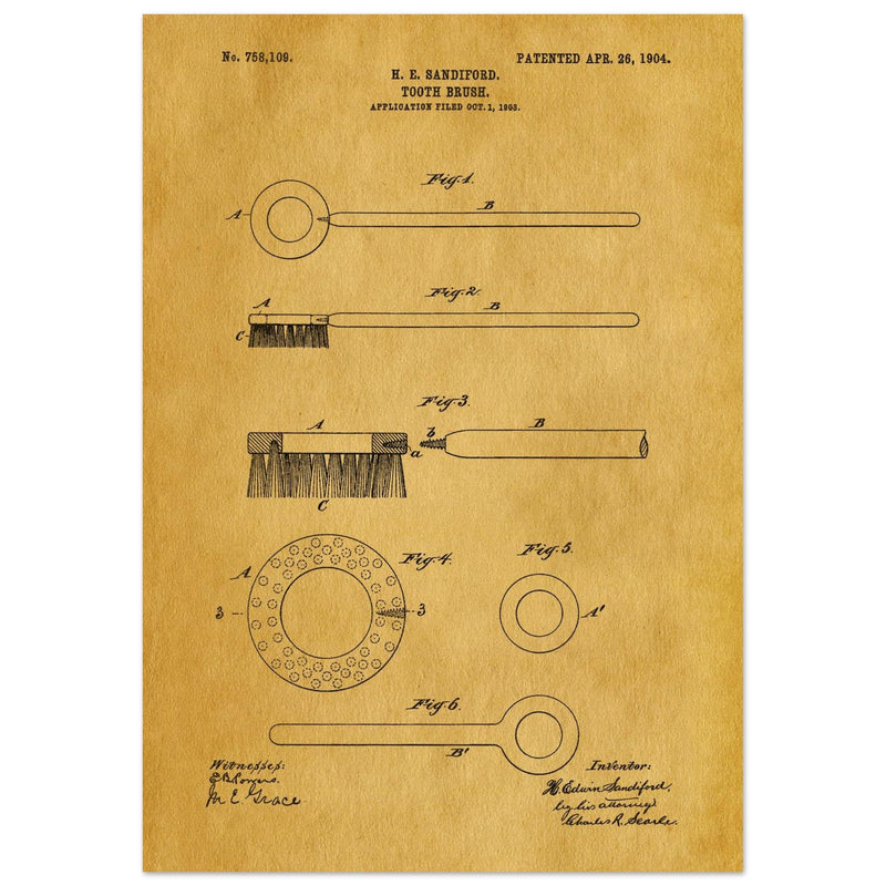 Toothbrush patent illustration by H E Sandiford.