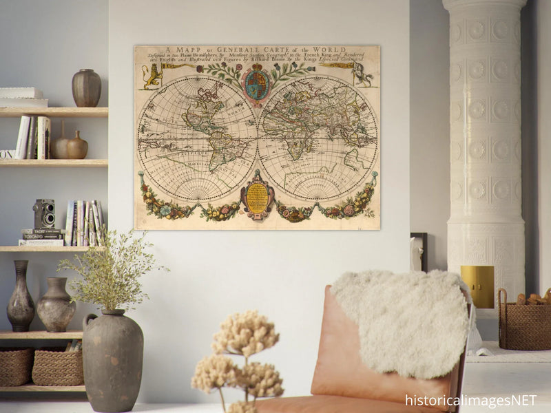 Antique world map poster reproduction by Richard Blome 1670