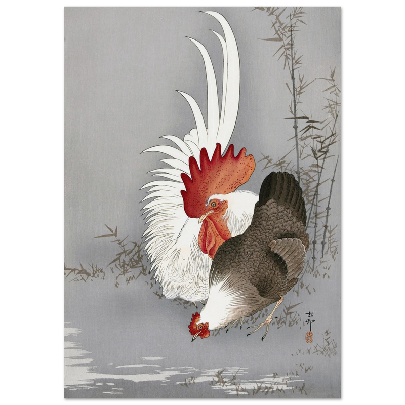 Rooster and chicken by Ohara Koson