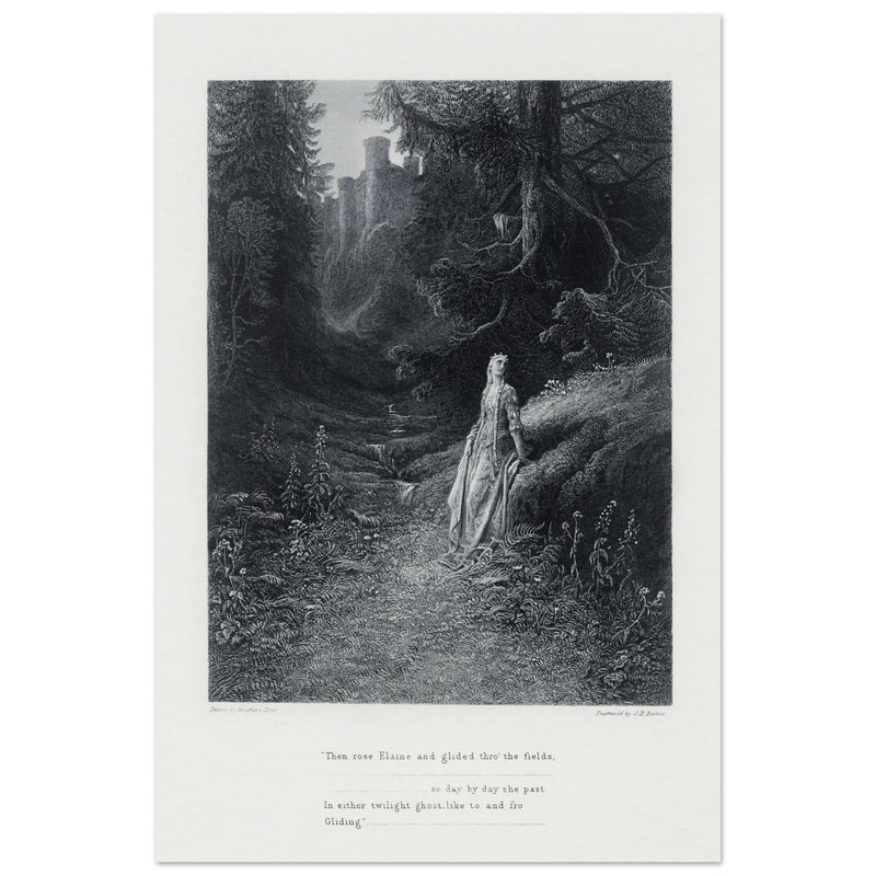 Gustave Dore illustration of King Arthur legend .Elaine on her Road to the Cave of Lancelot. book Idylls of the King by Alfred Tennyson