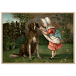 Girl in pink dress and white bonnet with dog vintage illustration poster by Knapp 1892