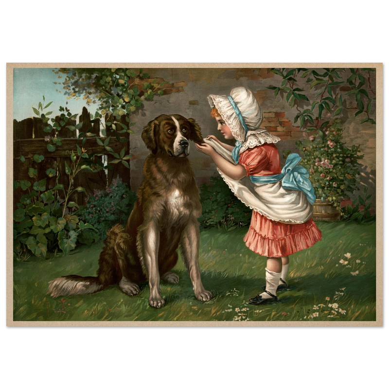 Girl in pink dress and white bonnet with dog vintage illustration poster by Knapp 1892