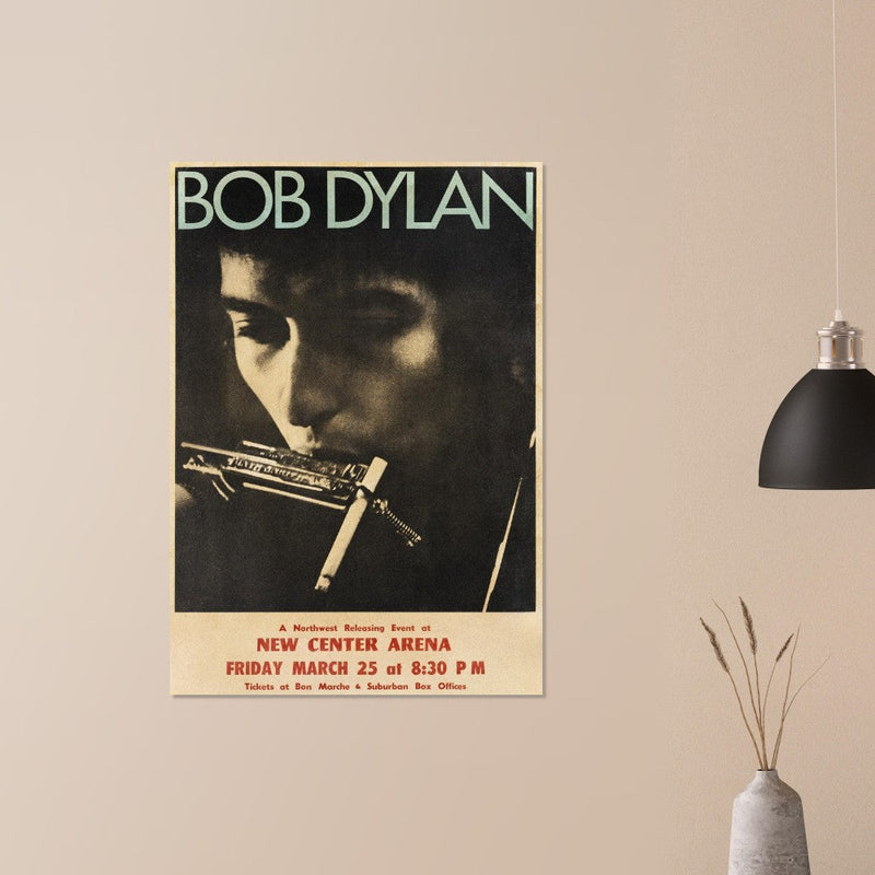 Bob Dylan poster reproduction.  of the poster that announced Bob Dylan playing at the New Center Arena.