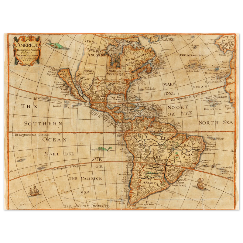 Ancient map of America. "Americae Descriptio Nova" by Philip Chetwind
