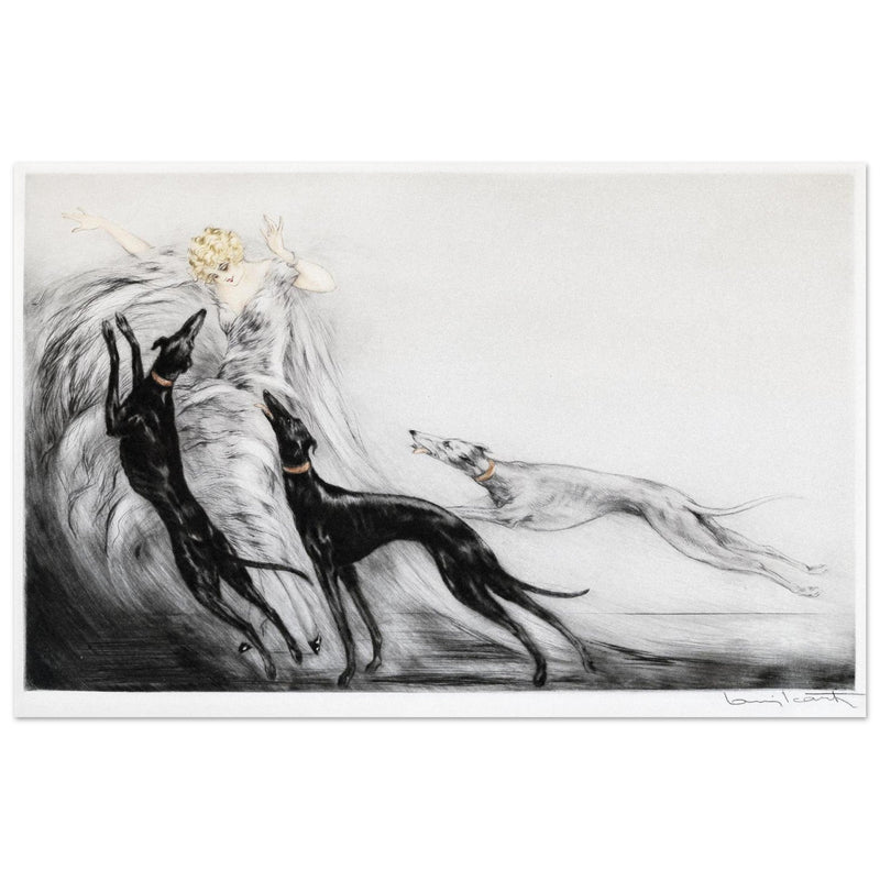 Louis Icart Coursing II - Young Woman with Greyhounds