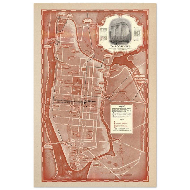 1938 New York City map. Created as an advertisement for the Roosevelt Hotel it includes major streets of Manhattan