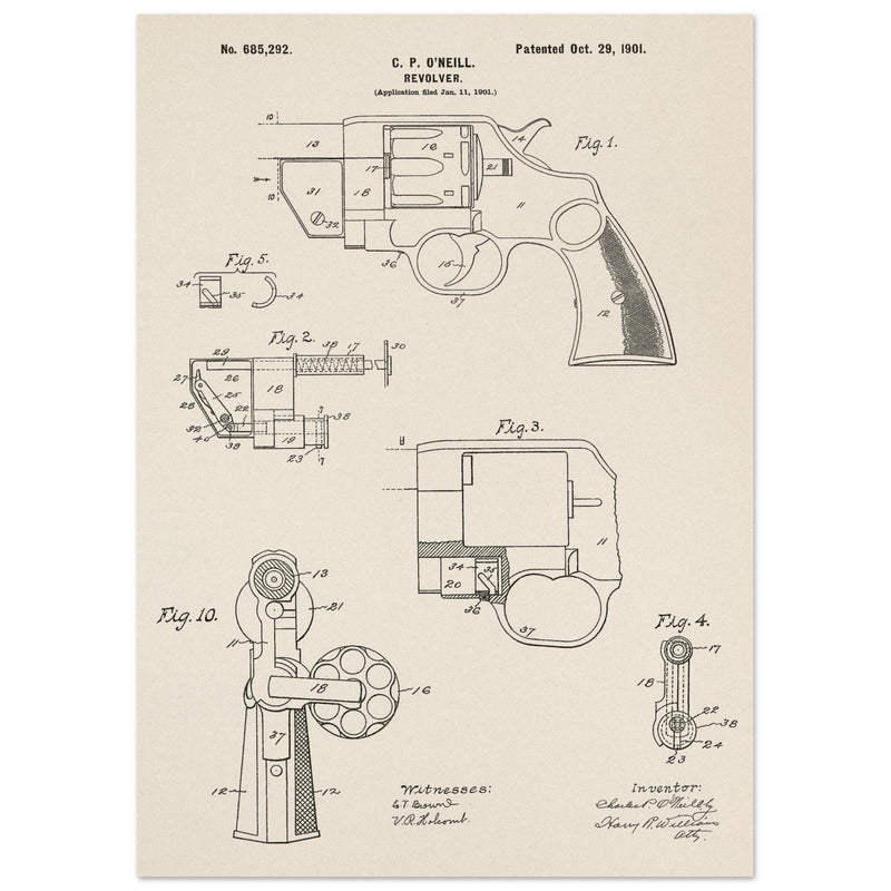 Vintage revolver patent by C P O'Neill.