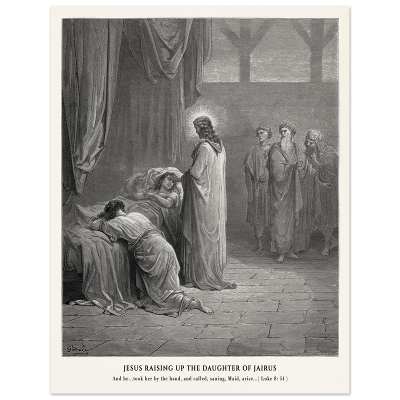 Gustave Dore The Bible engraving print . Jesus raising up the daughter of Jairus miracle .