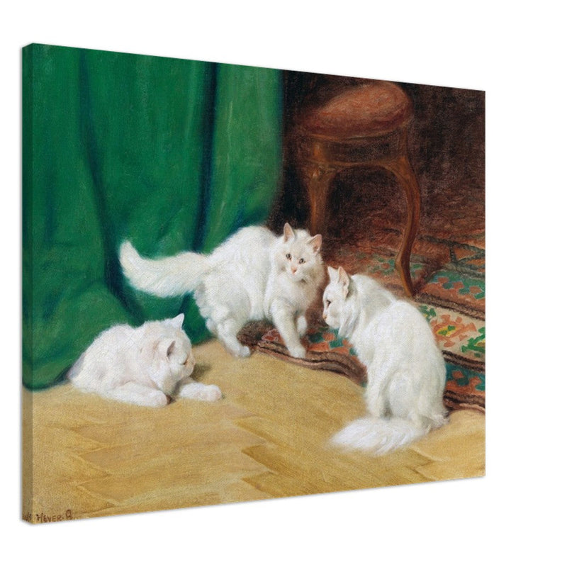 Three white cats playing old painting by Arthur Heyer.
