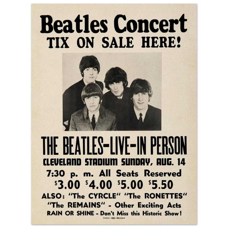 The Beatles music poster. Performance in Cleveland Ohio stadium in 1966.