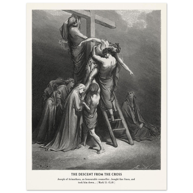 Gustave Dore The Bible engraving print . The Descent from the cross after Crucifixion illustration .