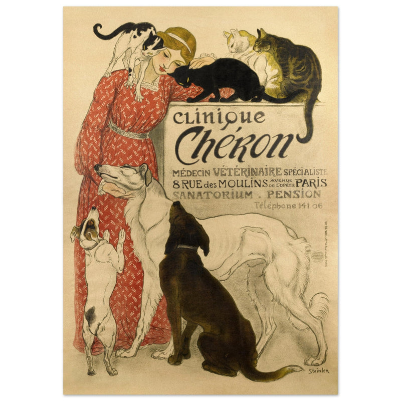 Theophile Steinlen Clinique Cheron. Beautiful vintage poster depicting a woman surrounded by cats and dogs in a veterinarian clinic.