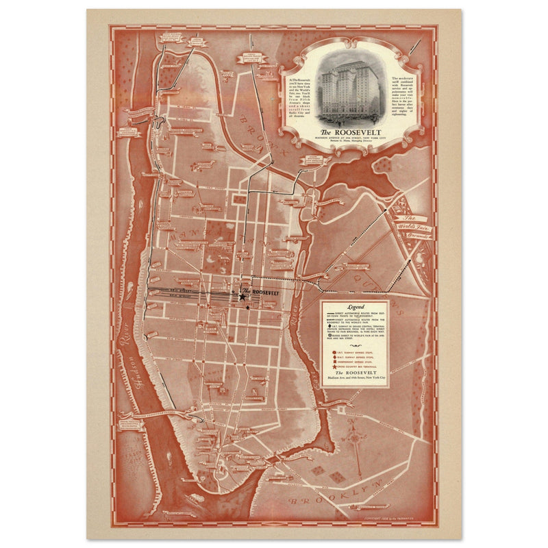 1938 New York City map. Created as an advertisement for the Roosevelt Hotel it includes major streets of Manhattan