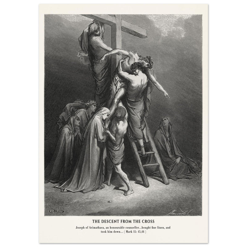 Gustave Dore The Bible engraving print . The Descent from the cross after Crucifixion illustration .