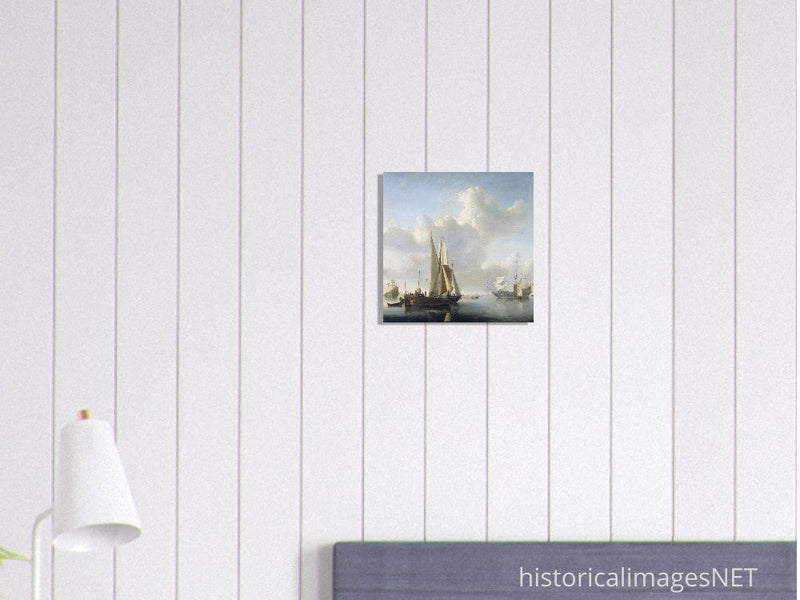 Willem van de Velde Ships before the coast. Marine landscape painting.