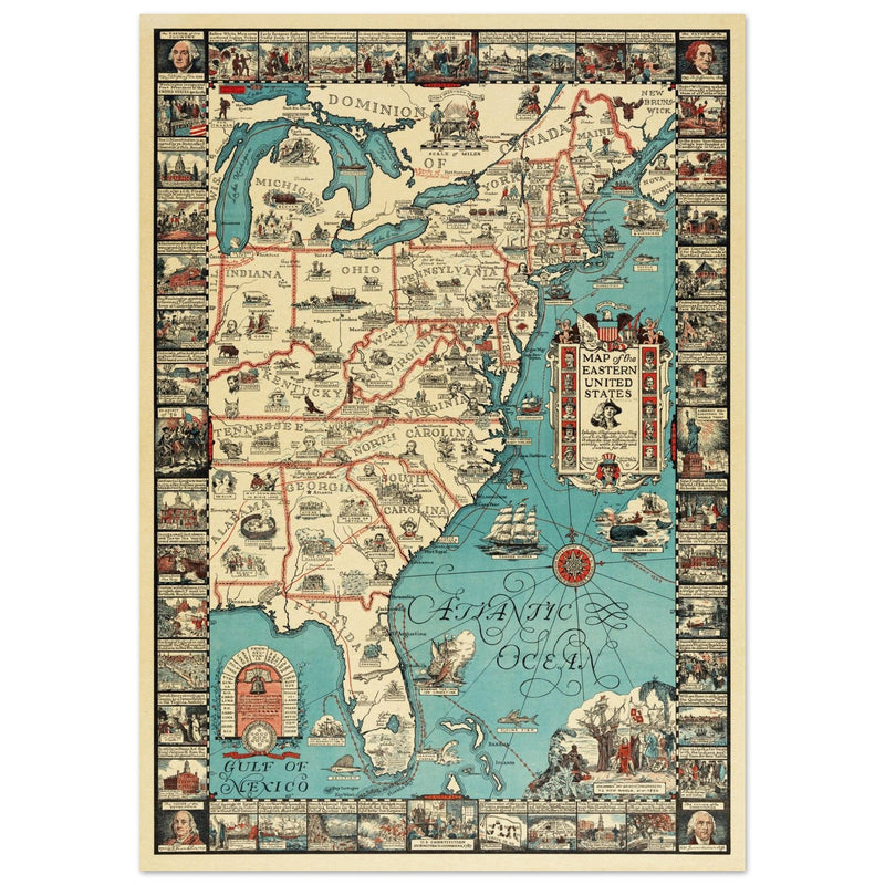 Vintage pictorical map of Map of the Eastern United States by Griswold Tyng. History of the USA.
